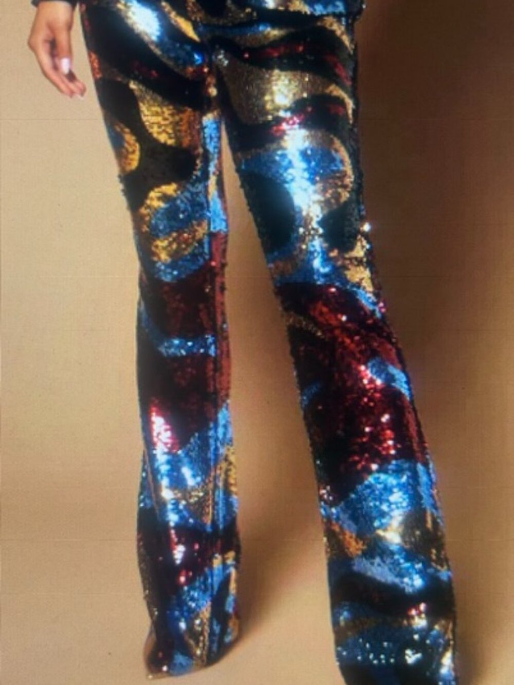 Fashion Nova Kaelyn Multi Color Sleek Sequin Swirl Design Flare Pants NEW